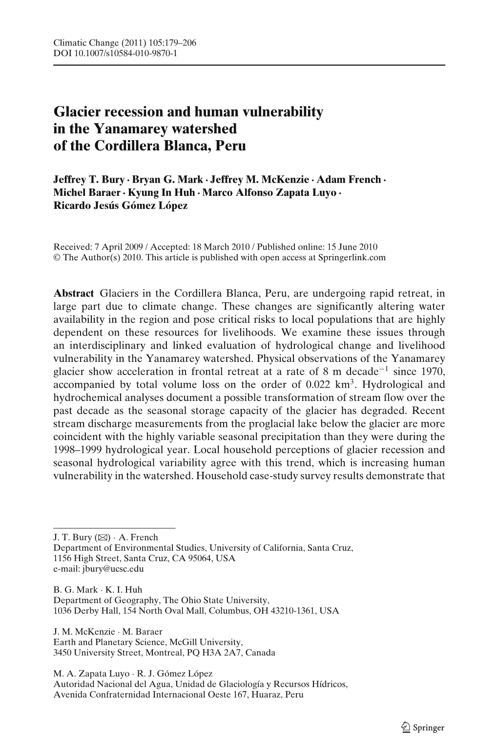 Glacier Recession and Human Vulnerability in the Yanamarey Watershed of the Cordillera Blanca, Peru