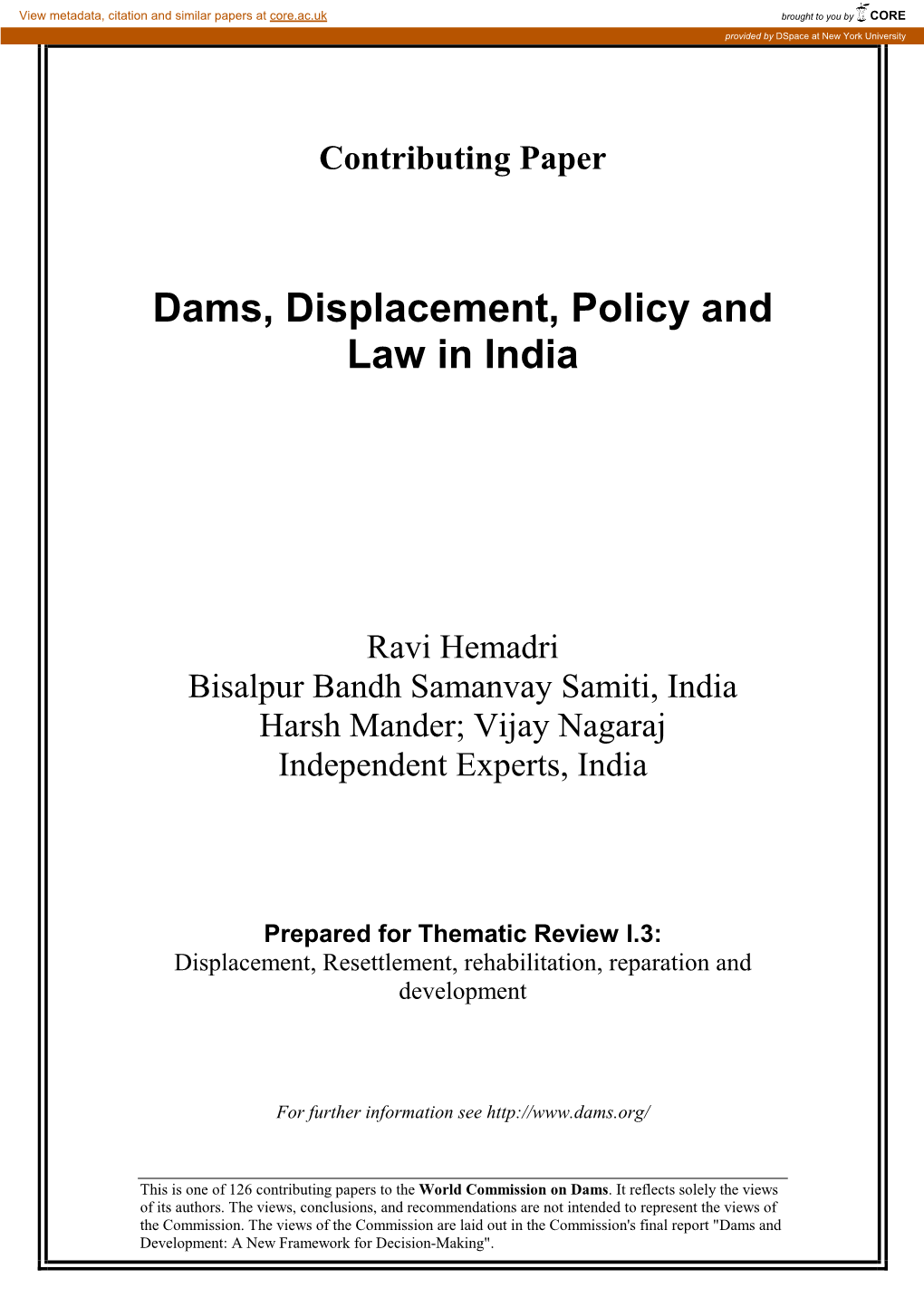 Dams, Displacement, Policy and Law in India