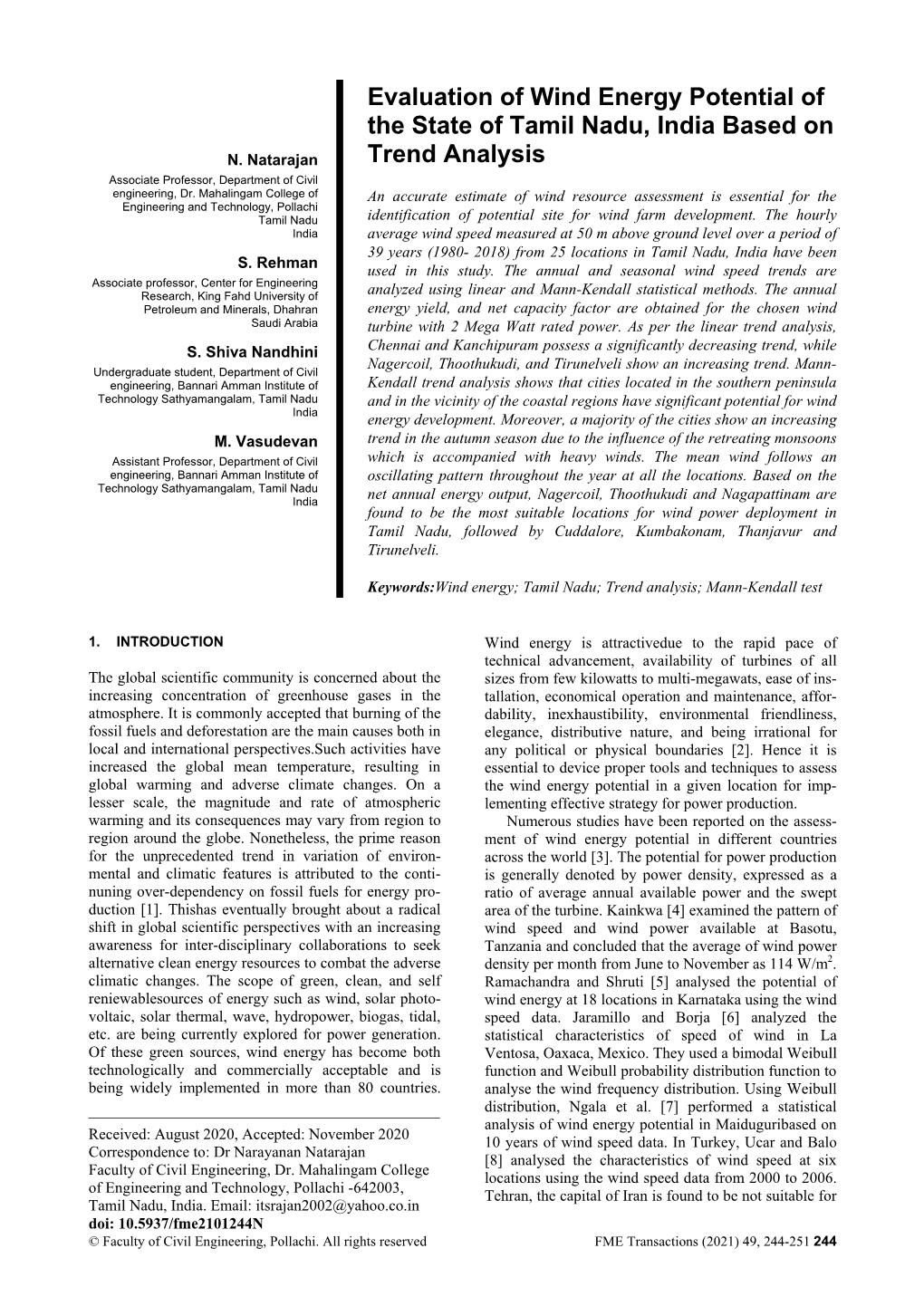 Evaluation of Wind Energy Potential of the State of Tamil Nadu, India Based on N