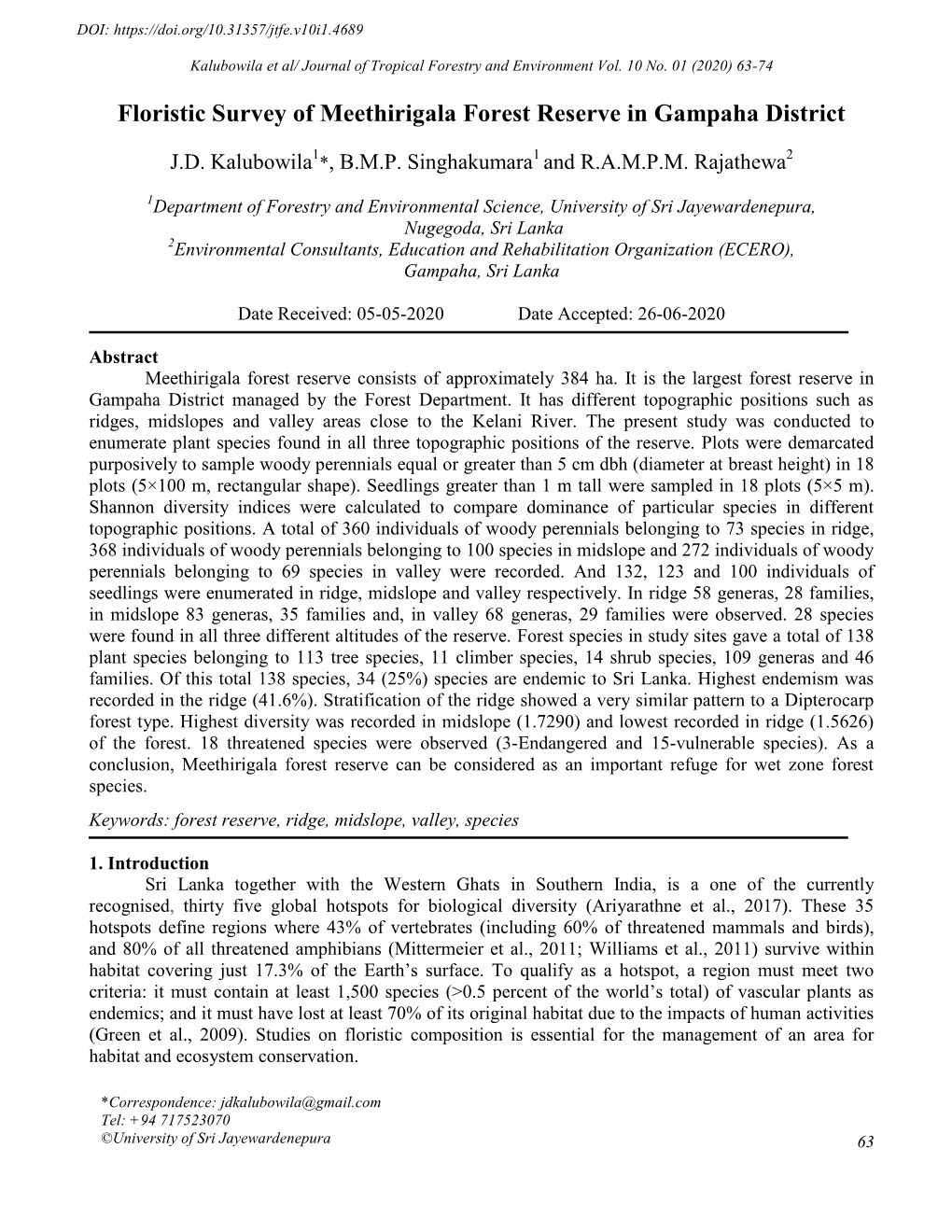 Floristic Survey of Meethirigala Forest Reserve in Gampaha District