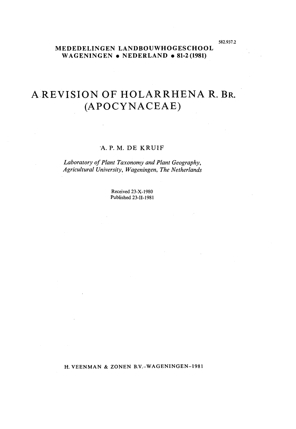 A Revision of Holarrhena R. Br. (Apocynaceae)