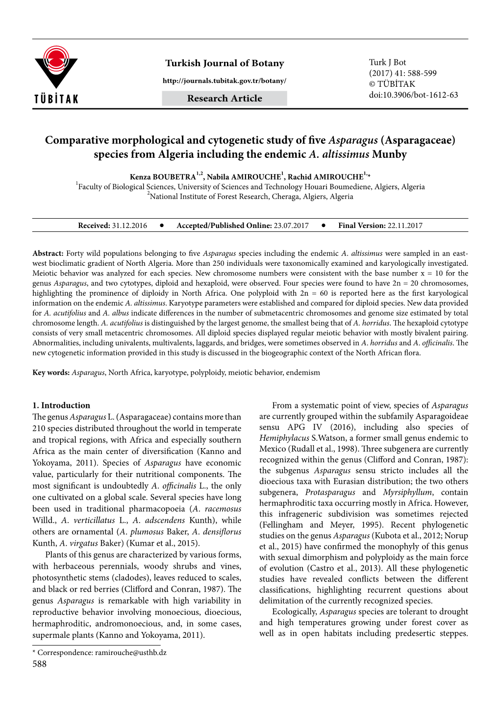 Comparative Morphological and Cytogenetic Study of Five Asparagus (Asparagaceae) Species from Algeria Including the Endemic A