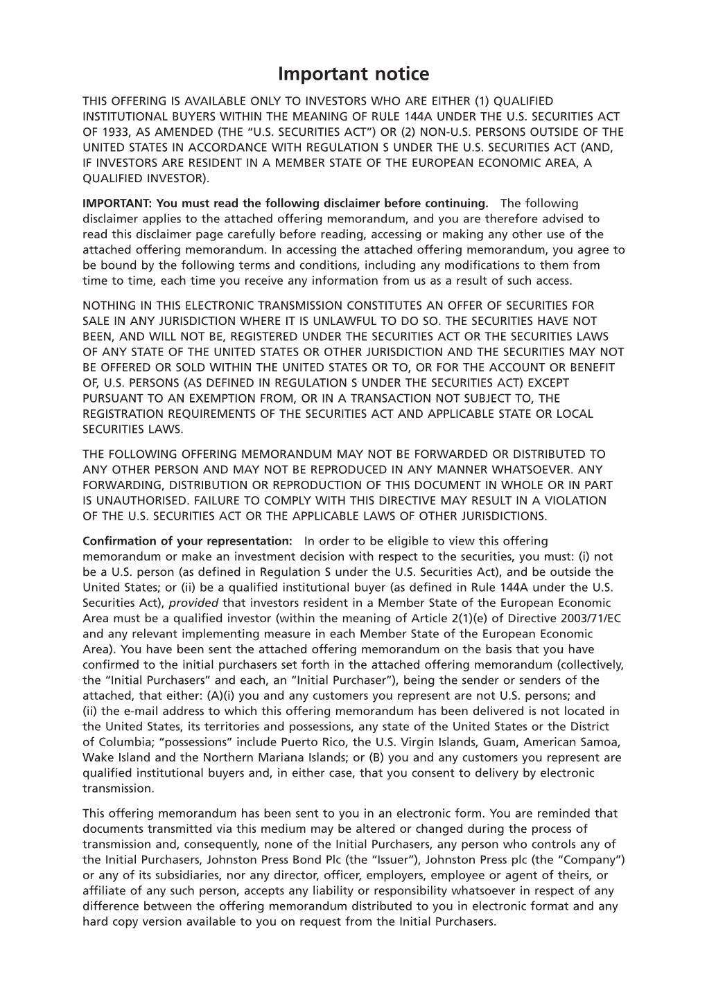 Important Notice THIS OFFERING IS AVAILABLE ONLY to INVESTORS WHO ARE EITHER (1) QUALIFIED INSTITUTIONAL BUYERS WITHIN the MEANING of RULE 144A UNDER the U.S