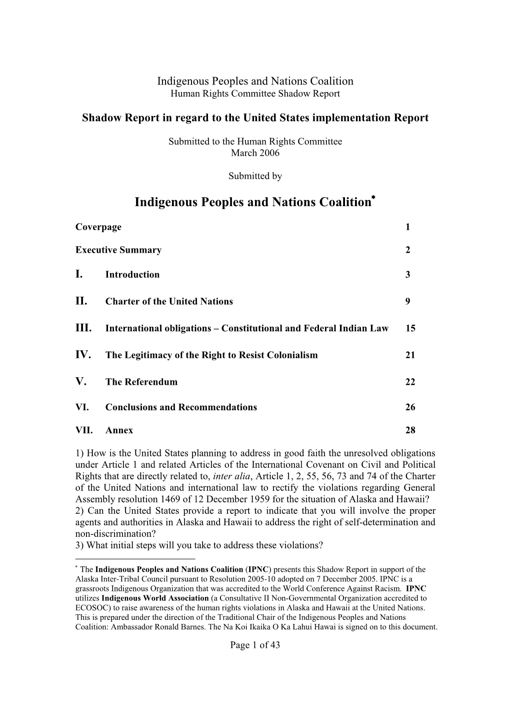 Indigenous Peoples and Nations Coalition Human Rights Committee Shadow Report