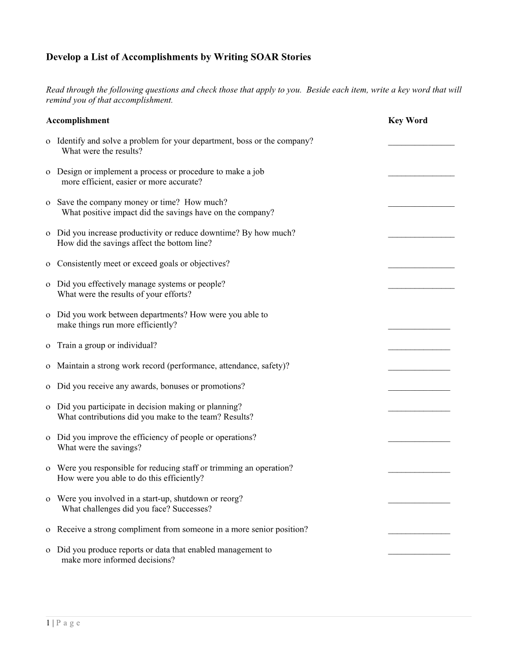 Accomplishments and Achievements Worksheet