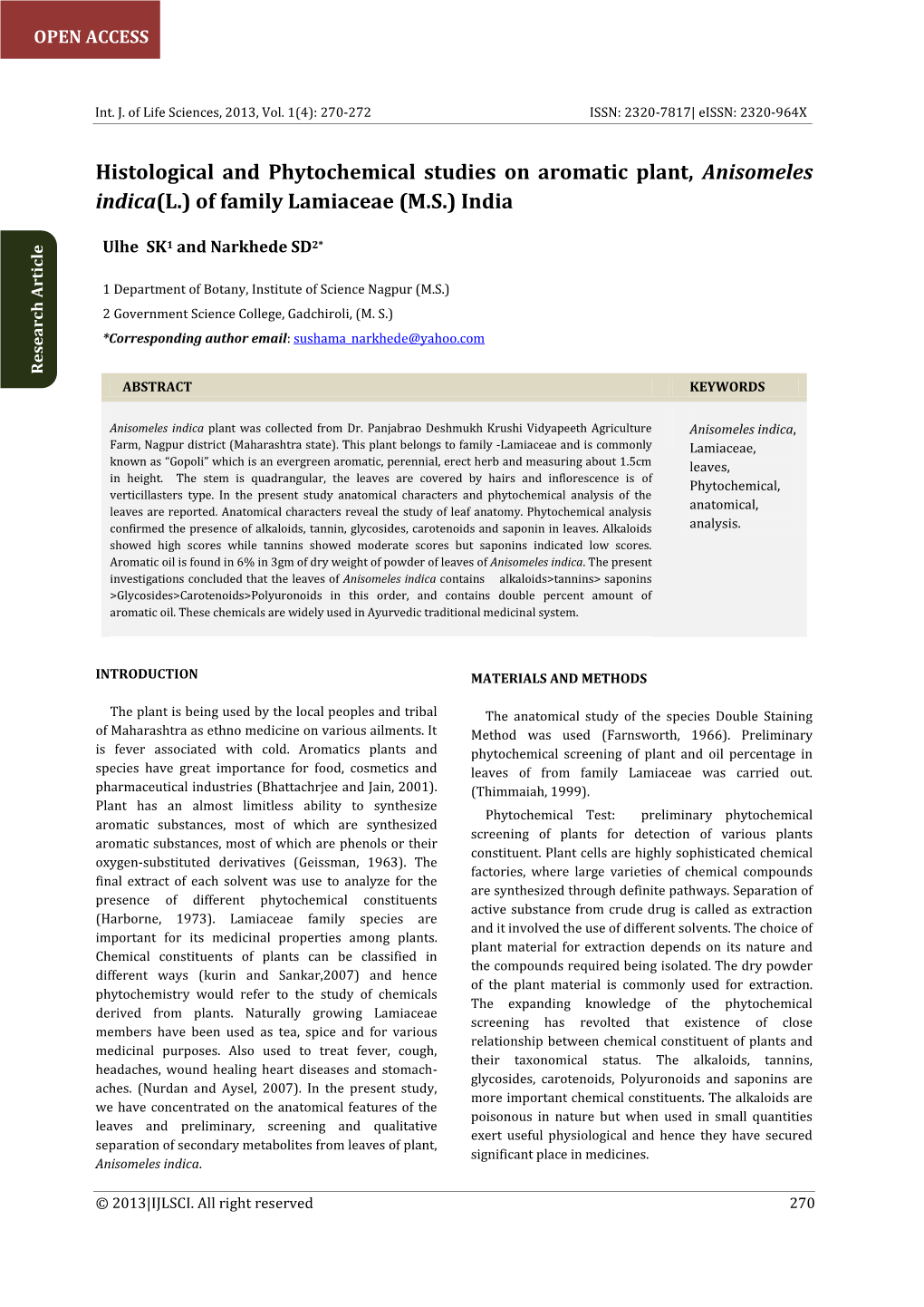 Histological and Phytochemical Studies on Aromatic Plant, Anisomeles Indica(L.) of Family Lamiaceae (M.S.) India