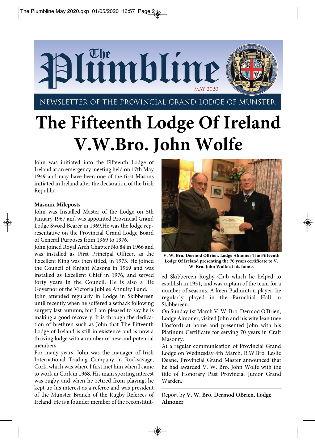 The Fifteenth Lodge of Ireland V.W.Bro. John Wolfe
