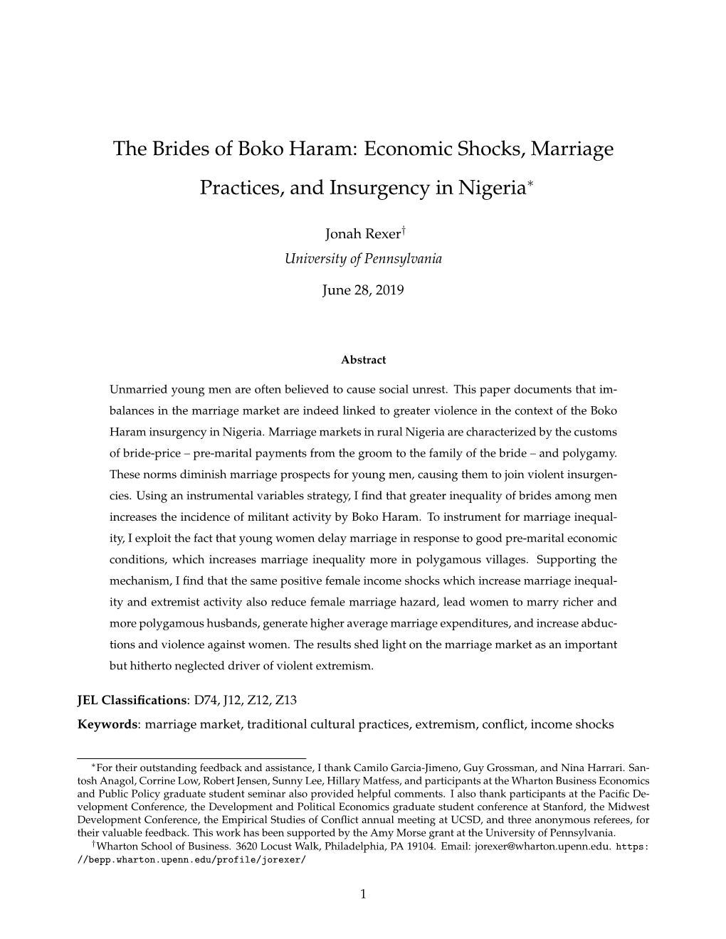 The Brides of Boko Haram: Economic Shocks, Marriage Practices, and Insurgency in Nigeria∗