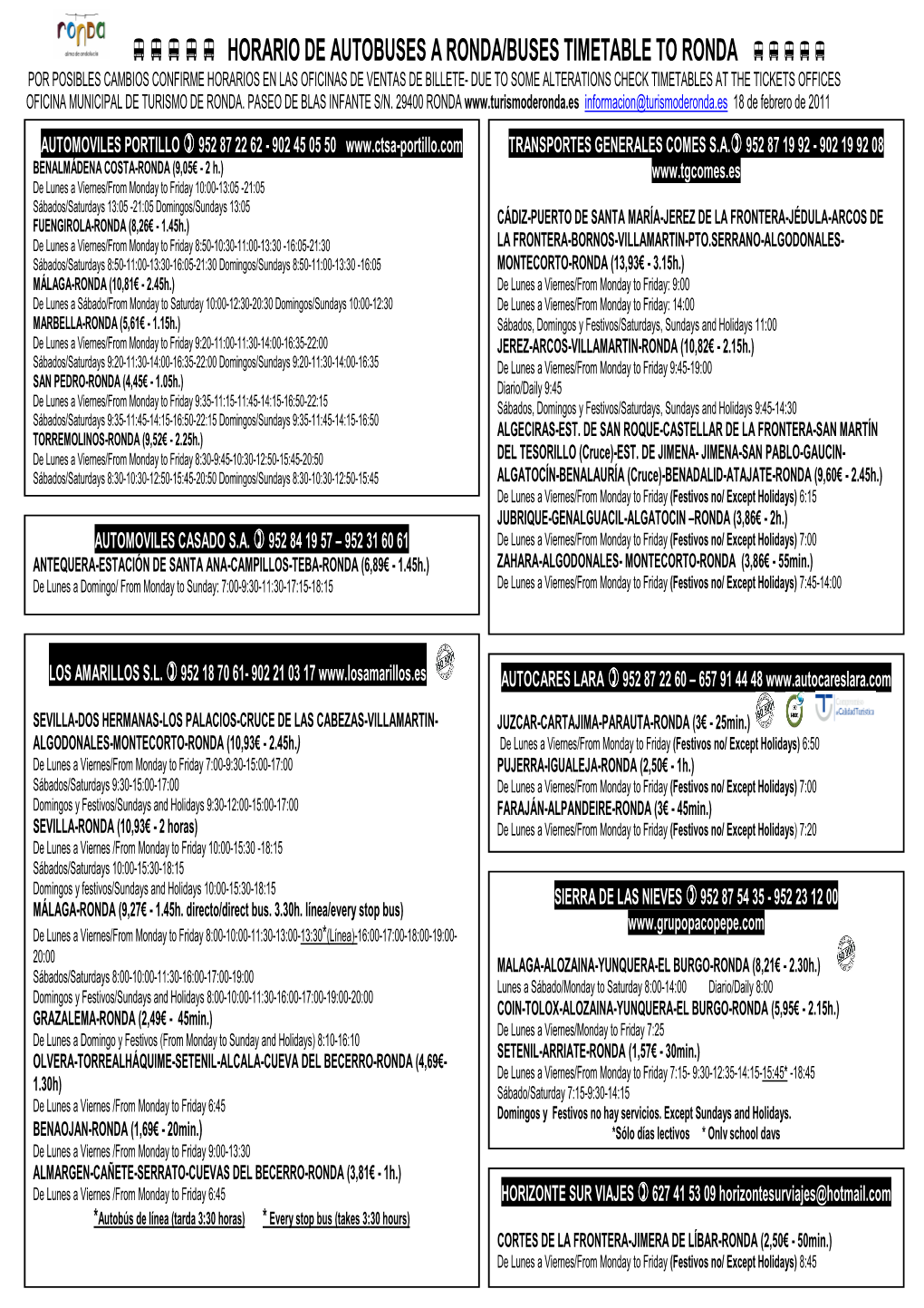 Horarios Autobuses 14 Enero 2011