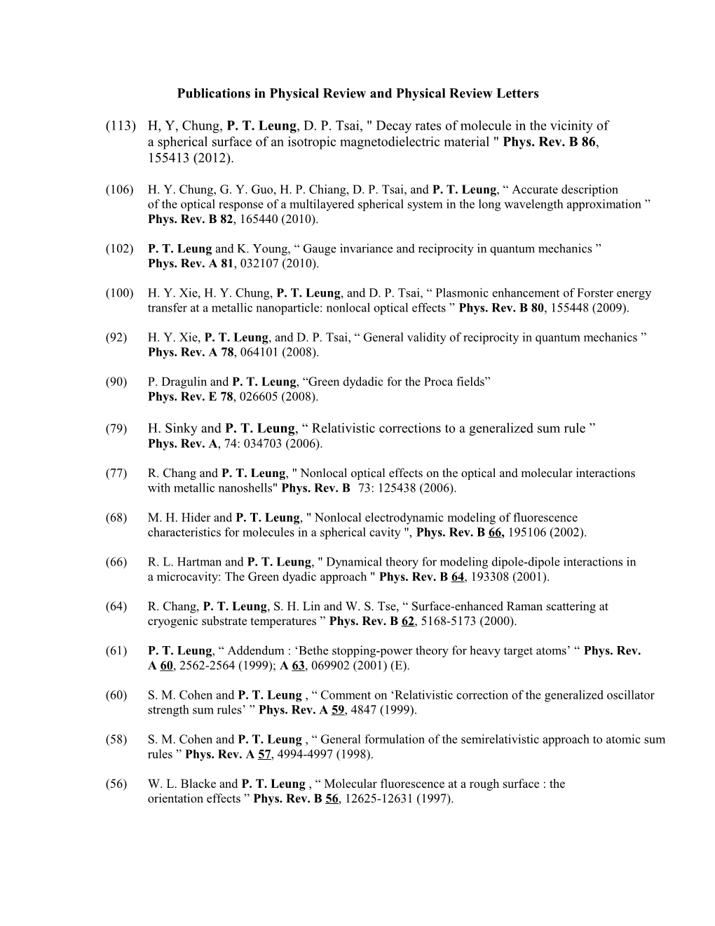 Publications in Physical Review and Physical Review Letters