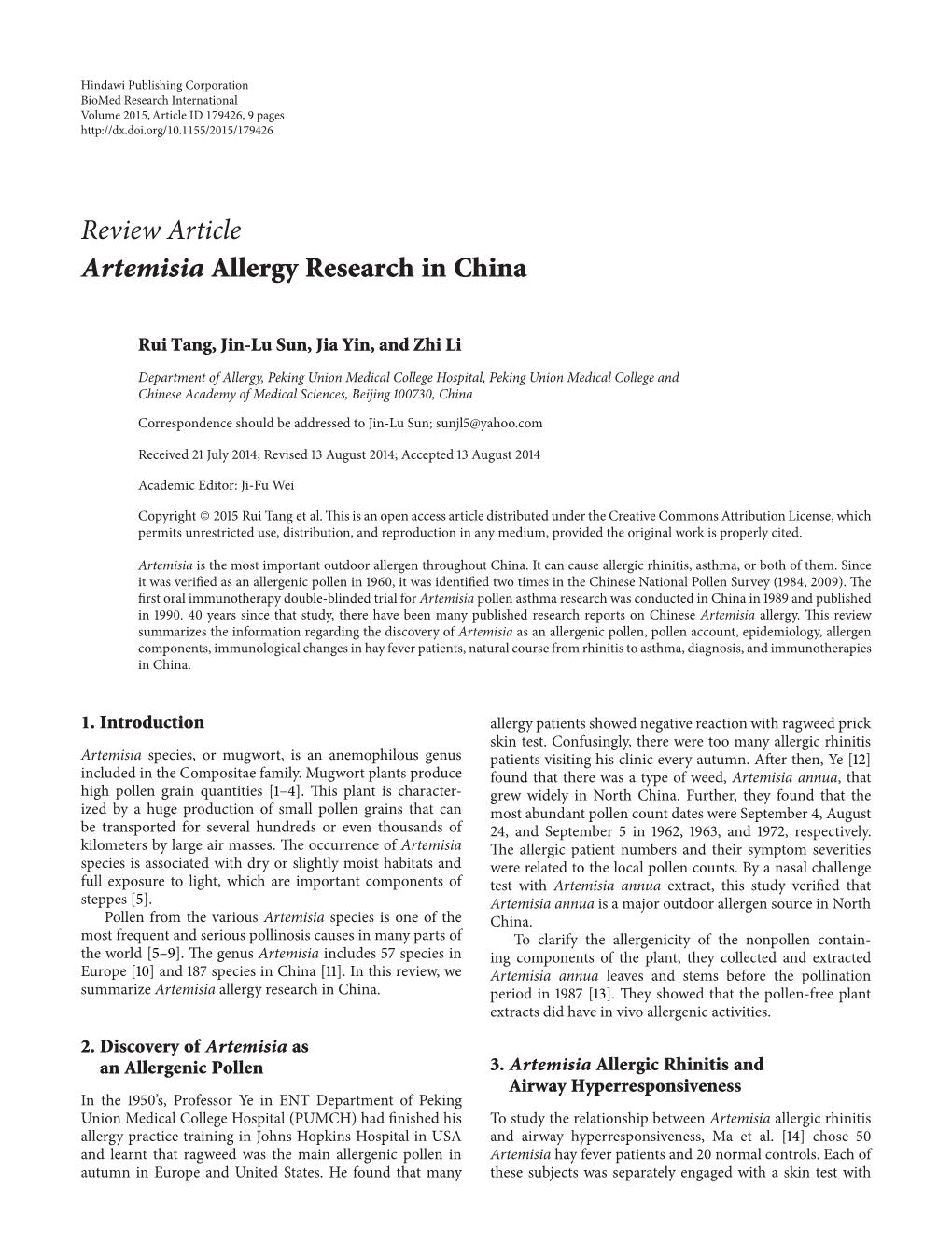 Artemisia Allergy Research in China