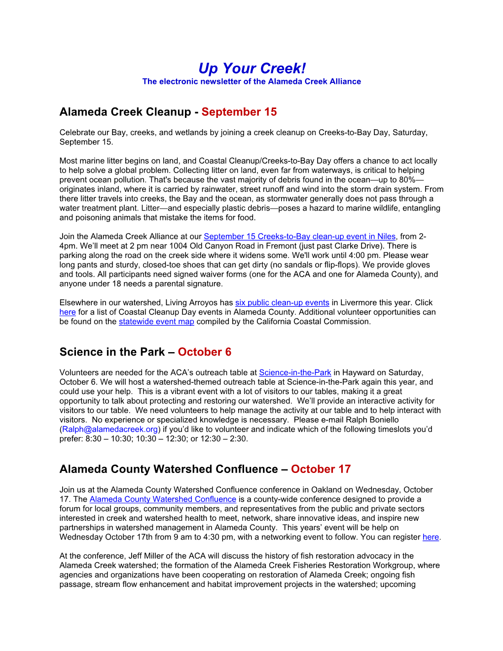 Up Your Creek! the Electronic Newsletter of the Alameda Creek Alliance