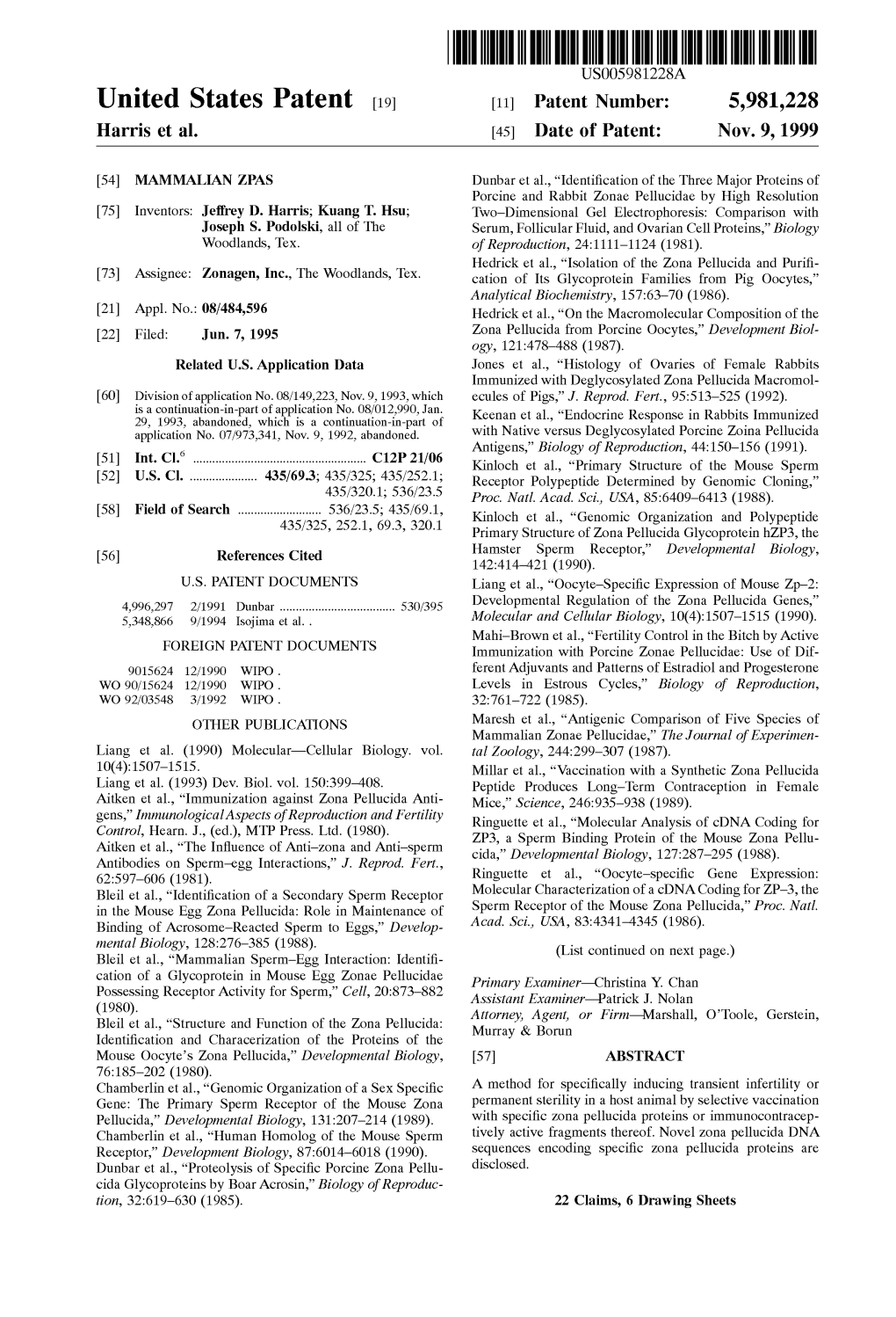 United States Patent (19) 11 Patent Number: 5,981,228 Harris Et Al