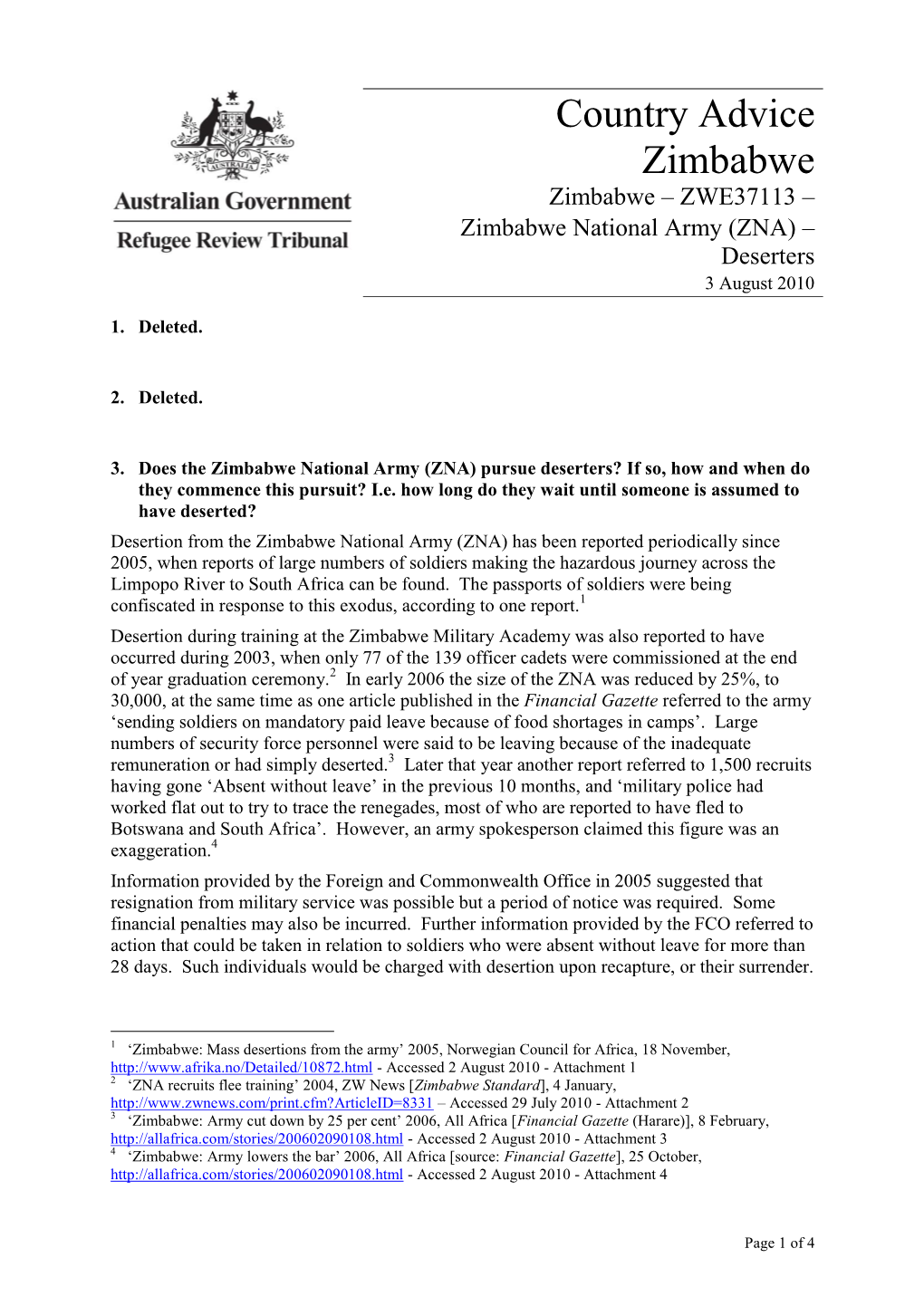 Country Advice Zimbabwe Zimbabwe – ZWE37113 – Zimbabwe National Army (ZNA) – Deserters 3 August 2010