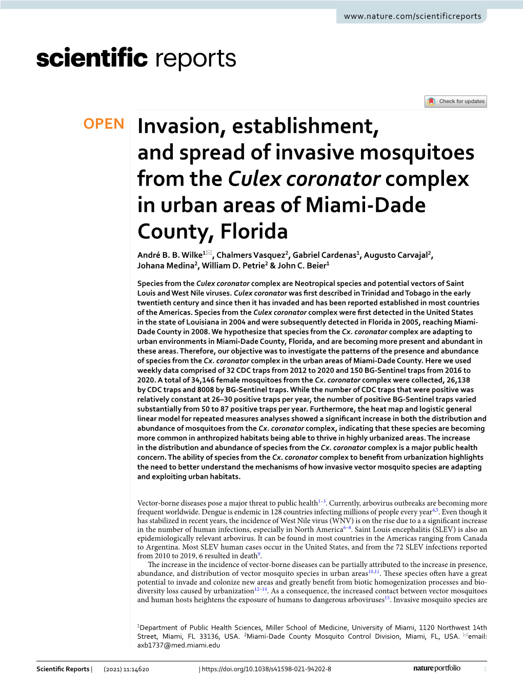 Invasion, Establishment, and Spread of Invasive Mosquitoes from the Culex Coronator Complex in Urban Areas of Miami‑Dade County, Florida André B