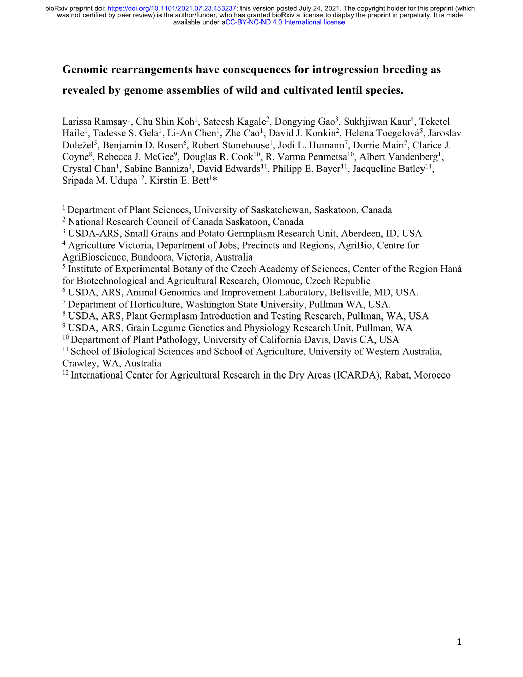 Genomic Rearrangements Have Consequences for Introgression Breeding As Revealed by Genome Assemblies of Wild and Cultivated Lentil Species