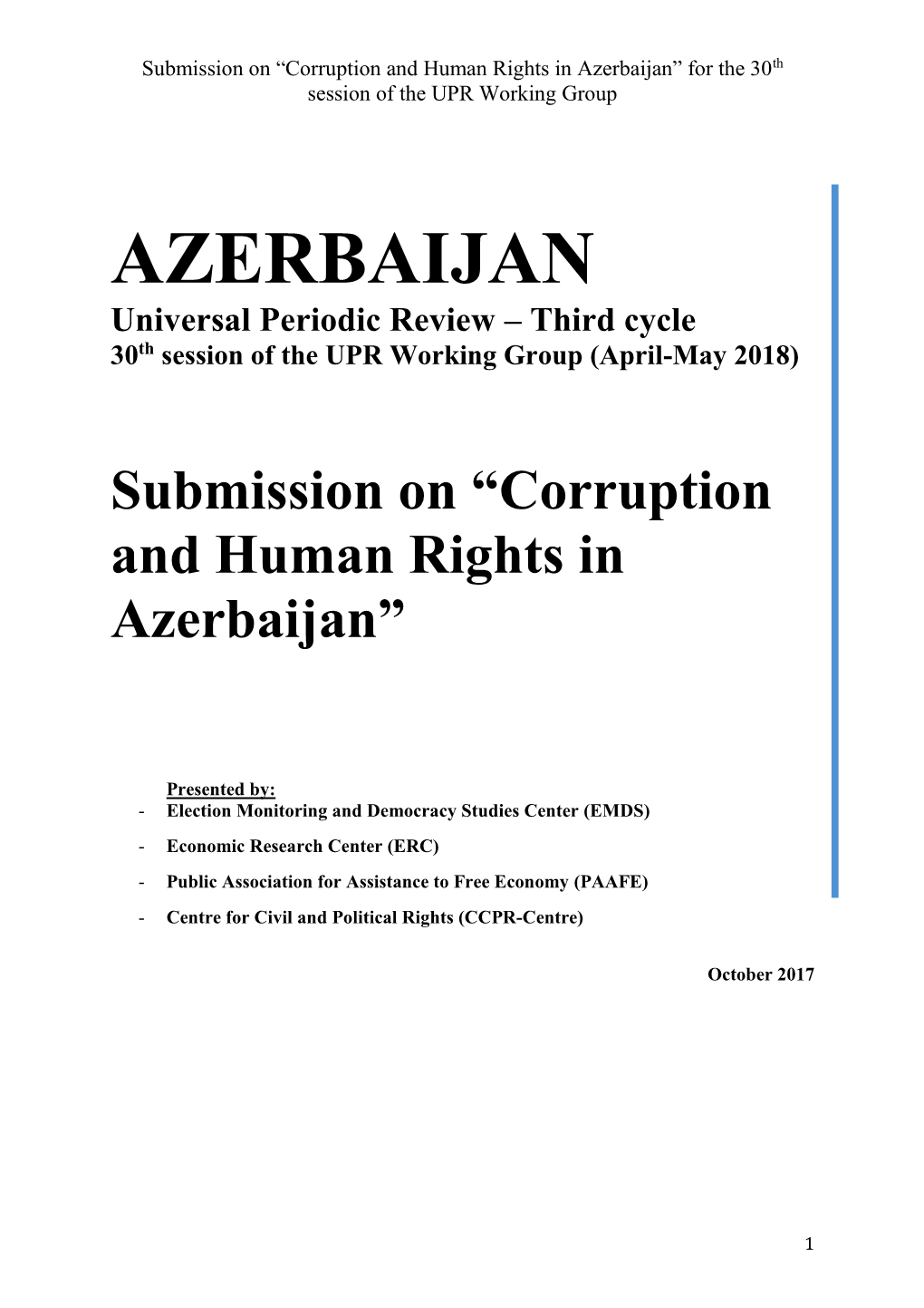 Azerbaijan” for the 30Th Session of the UPR Working Group