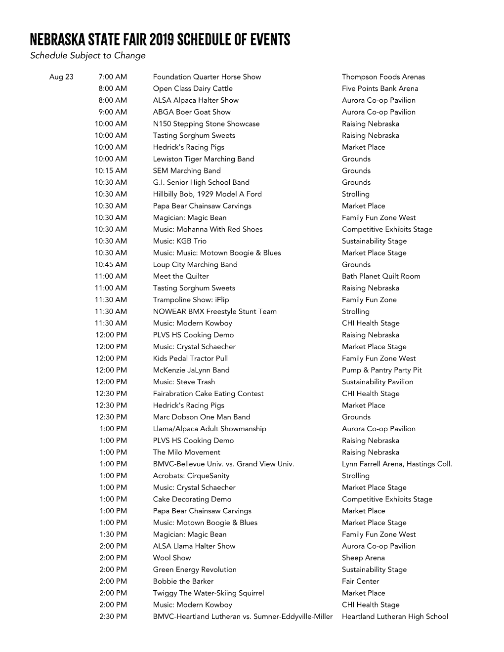 Schedule Subject to Change