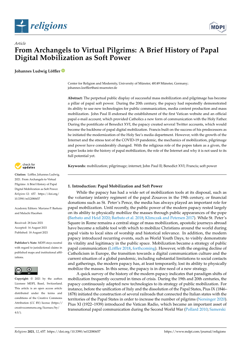 From Archangels to Virtual Pilgrims: a Brief History of Papal Digital Mobilization As Soft Power