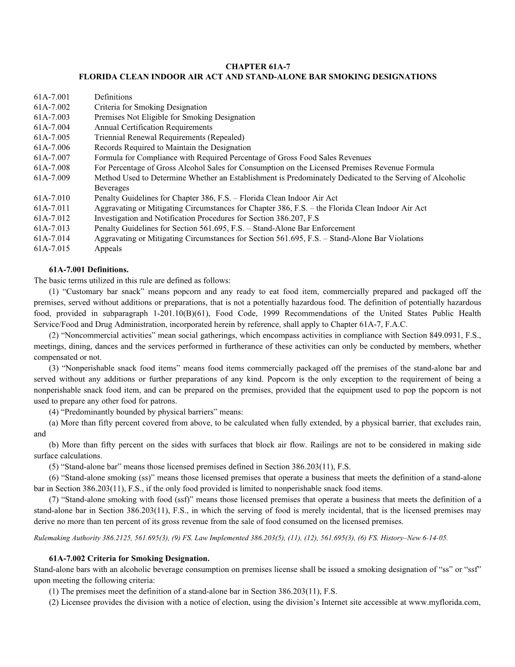 Florida Clean Indoor Air Act and Stand-Alone Bar Smoking Designations