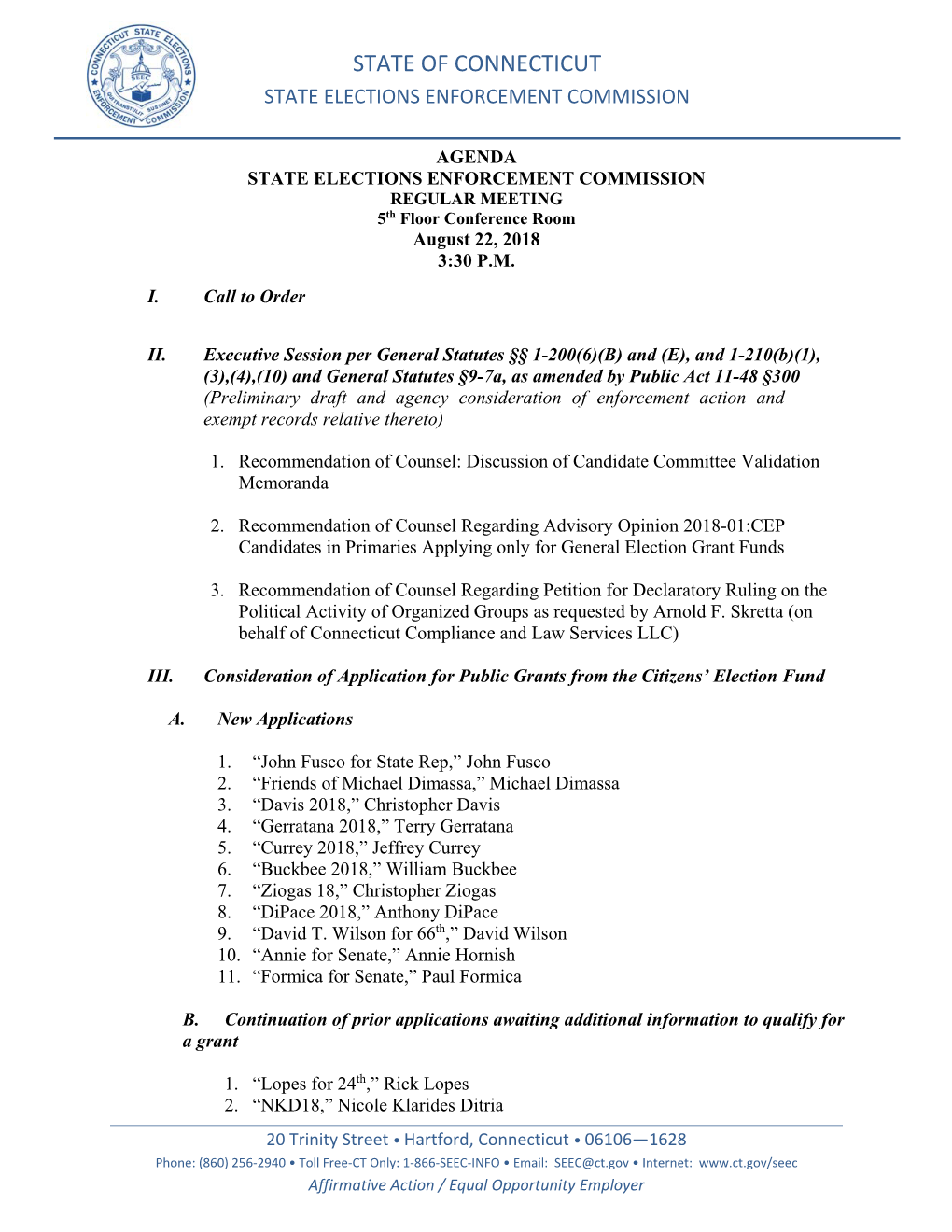 State of Connecticut State Elections Enforcement Commission