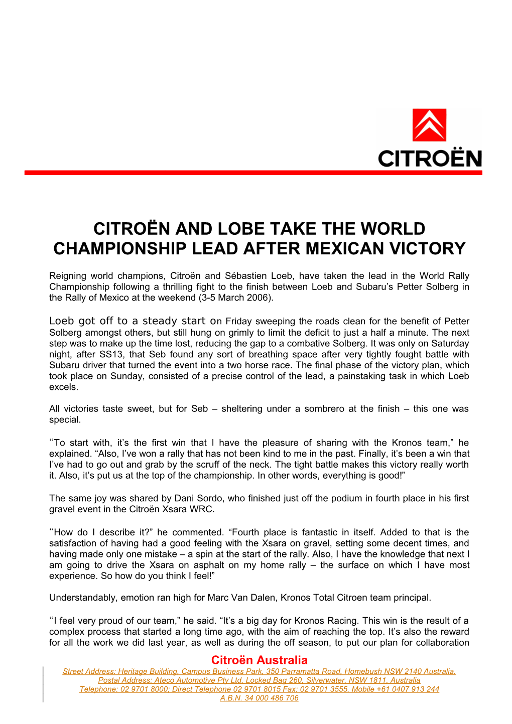 Citroën and Lobe Take the World Championship Lead After Mexican Victory