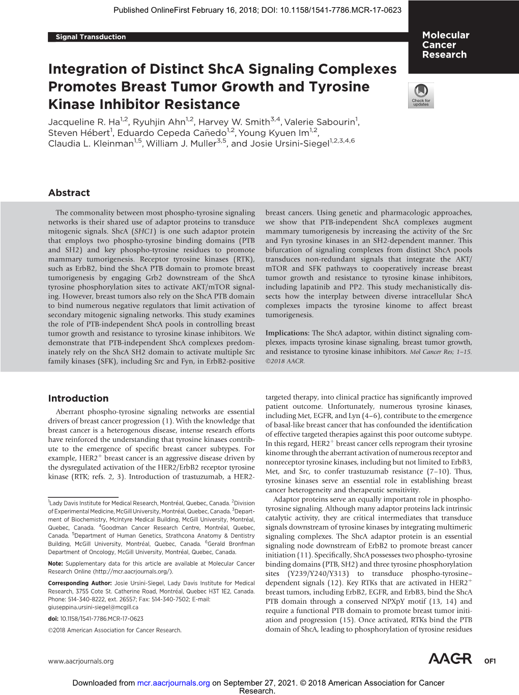 Integration of Distinct Shca Signaling Complexes Promotes Breast Tumor Growth and Tyrosine Kinase Inhibitor Resistance Jacqueline R