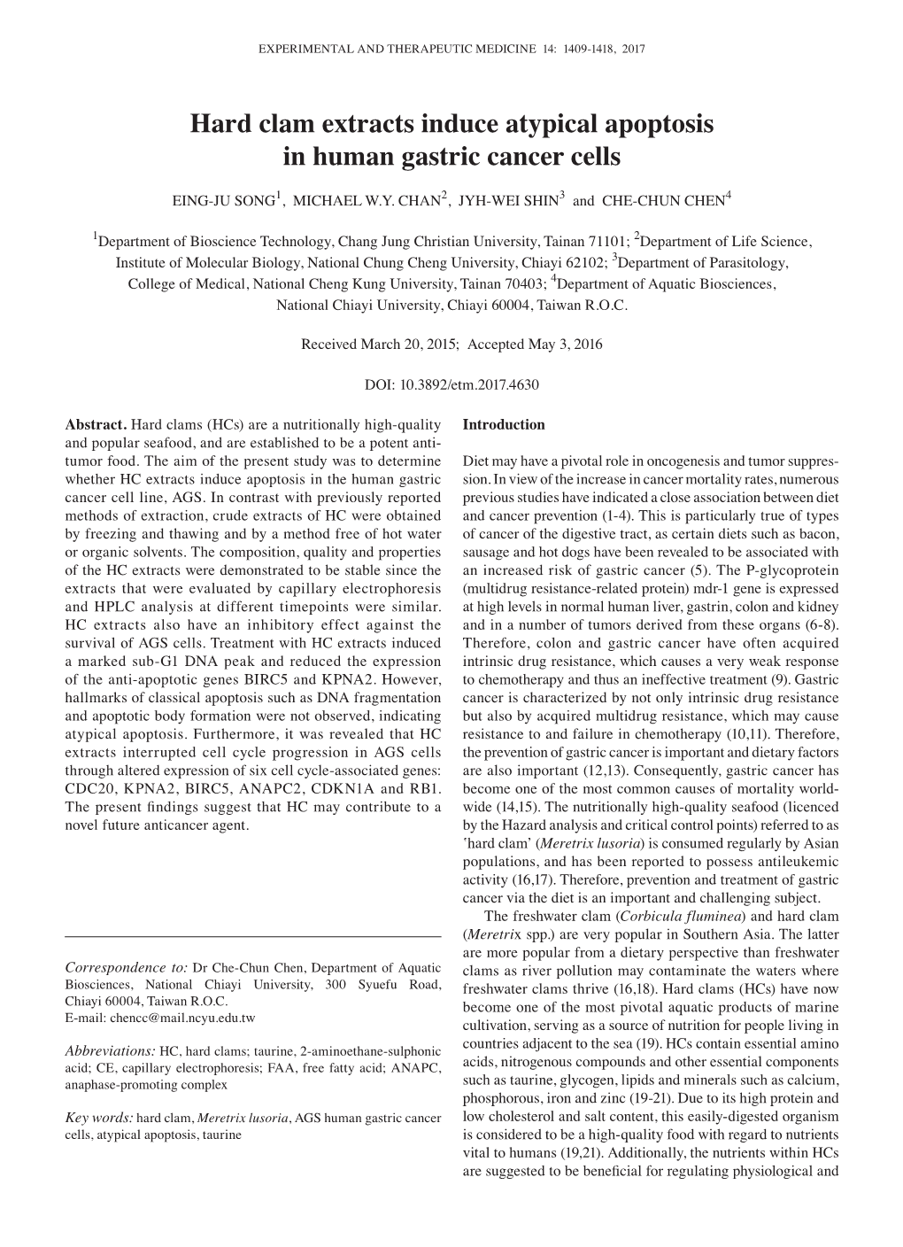 Hard Clam Extracts Induce Atypical Apoptosis in Human Gastric Cancer Cells