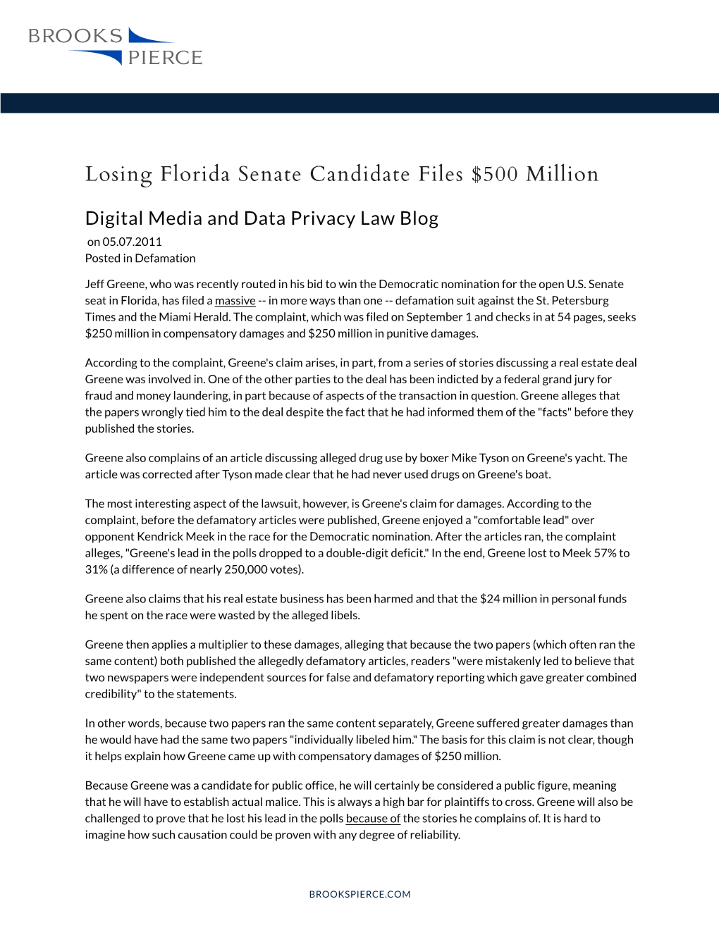 Losing Florida Senate Candidate Files $500 Million