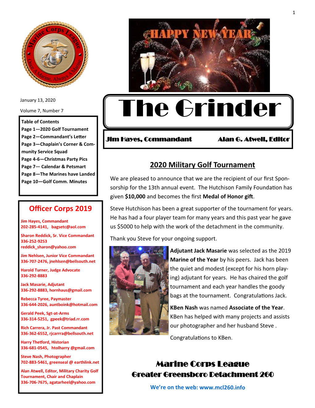 The Grinder Table of Contents Page 1—2020 Golf Tournament Page 2—Commandant’S Letter Jim Hayes, Commandant Alan G