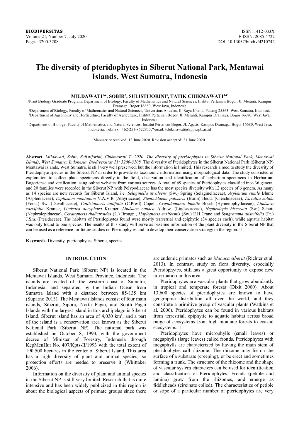 The Diversity of Pteridophytes in Siberut National Park, Mentawai Islands, West Sumatra, Indonesia