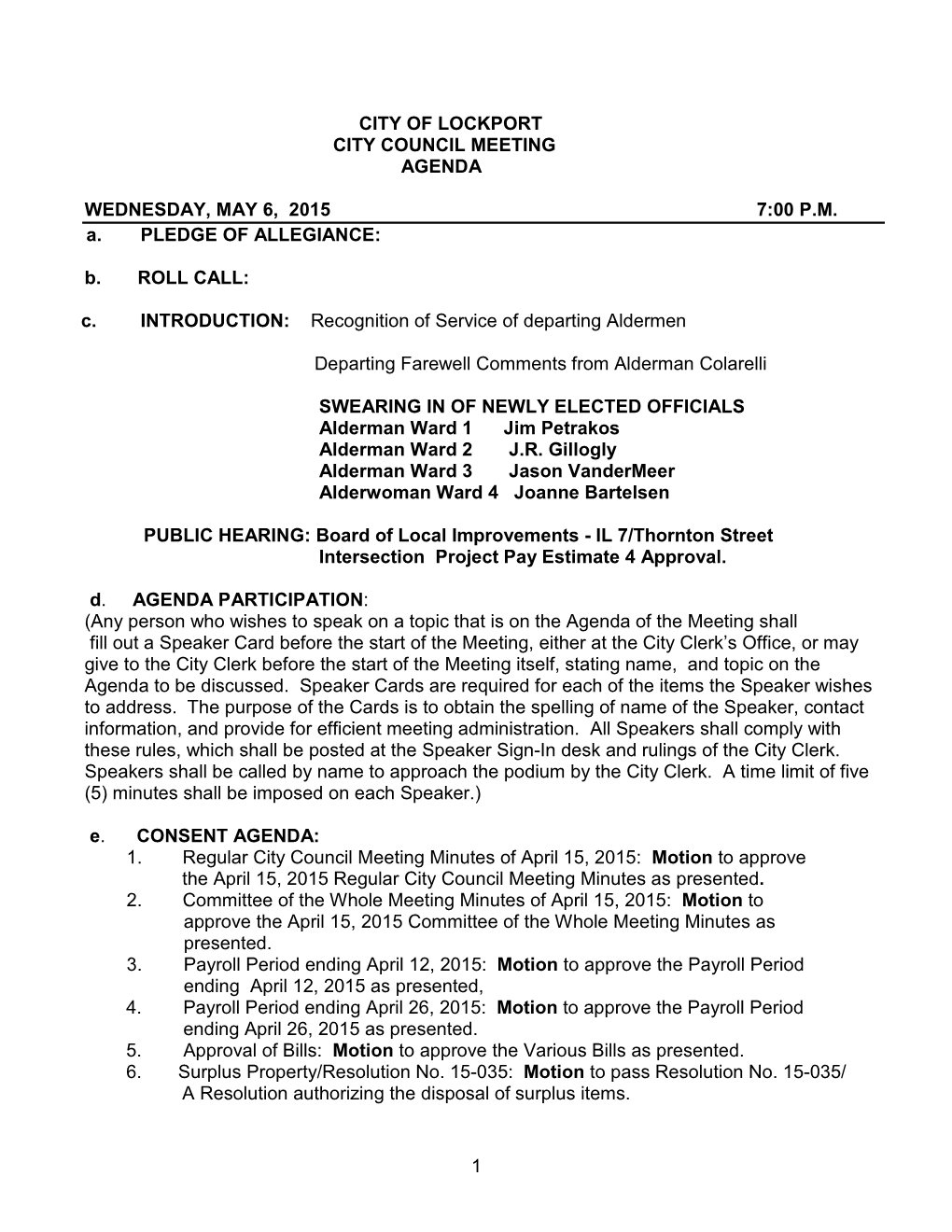 City of Lockport City Council Meeting Agenda Wednesday