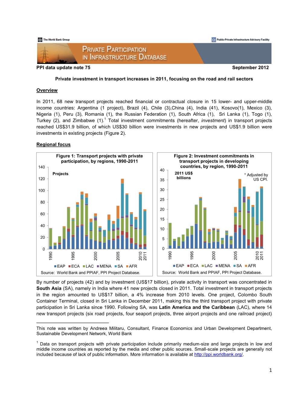 PPI Data Update Note 75 September 2012 Private Investment in Transport