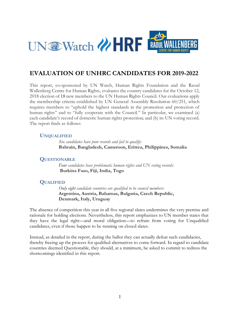 Evaluation of Unhrc Candidates for 2019-2022