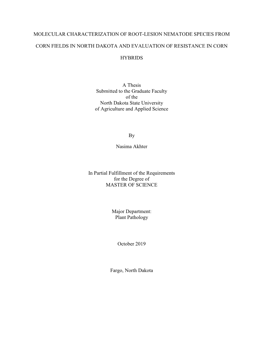 Molecular Characterization of Root-Lesion Nematode Species from Corn Fields in North Dakota and Evaluation of Resistance in Corn Hybrids