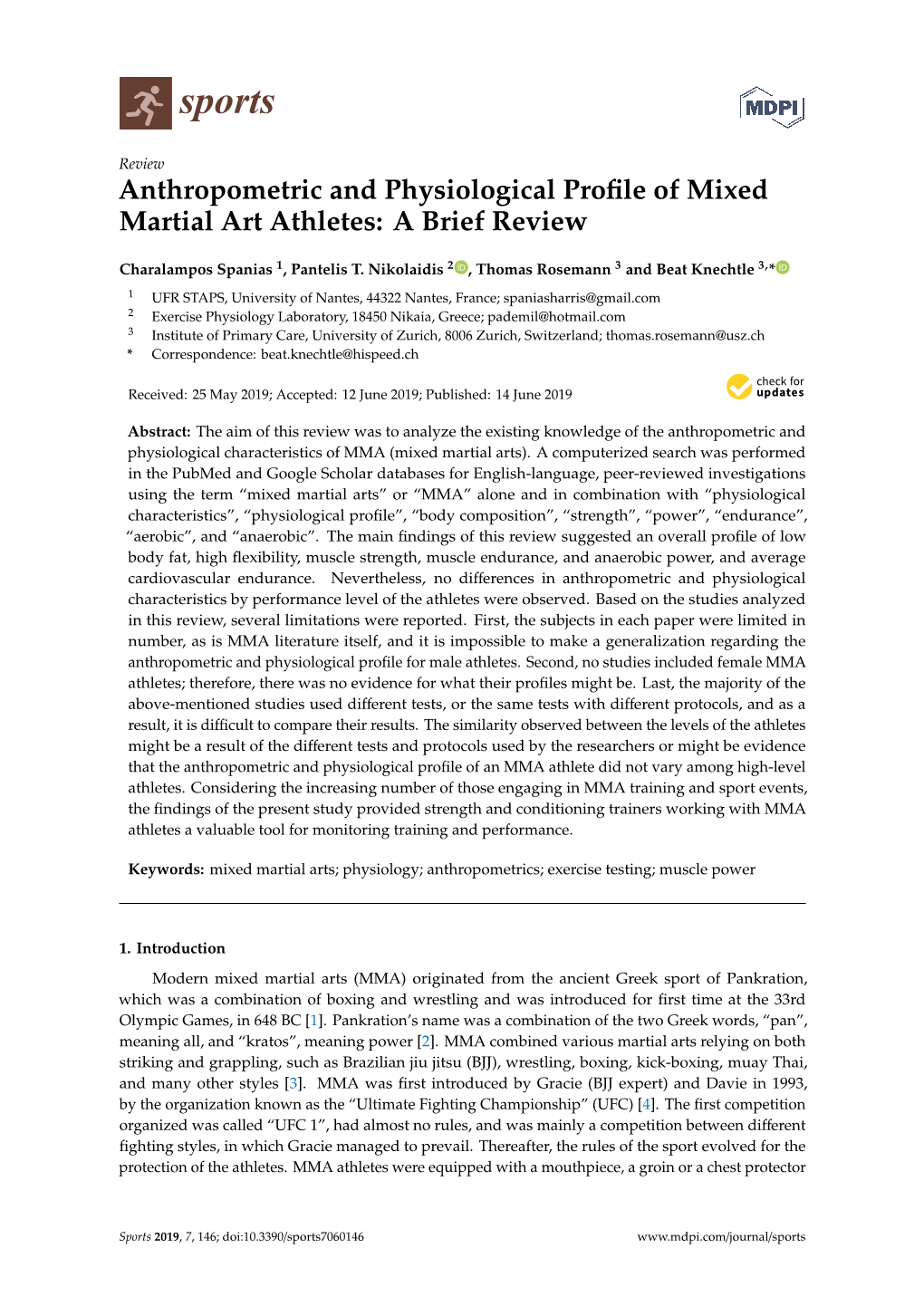 Anthropometric and Physiological Profile of Mixed Martial Art Athletes: a Brief Review