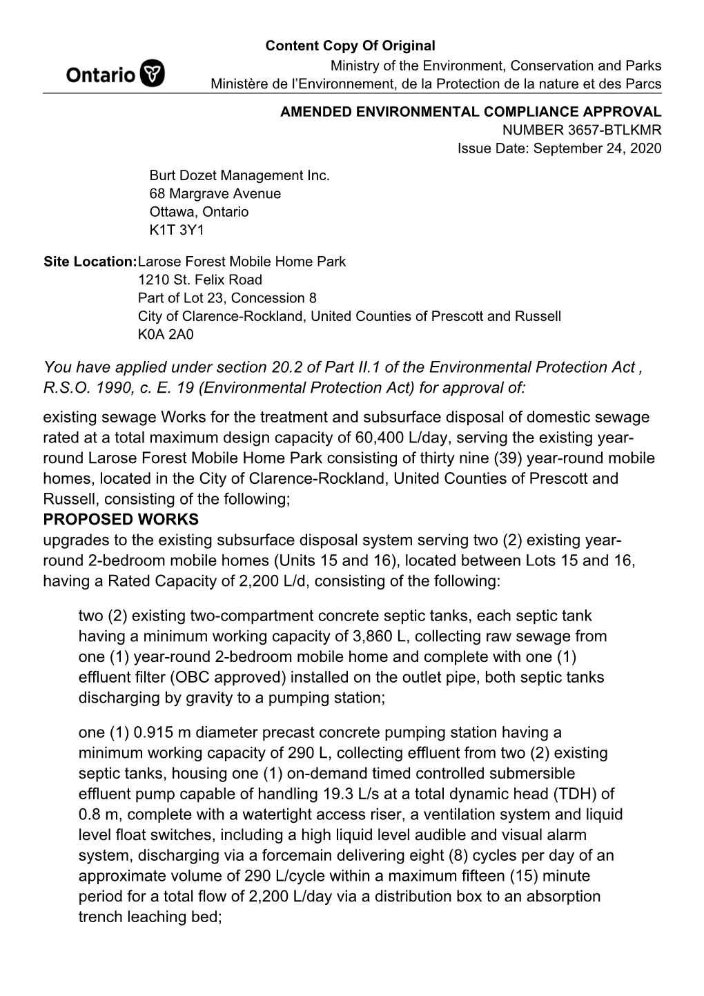 Amended Environmental Compliance Approval 3657