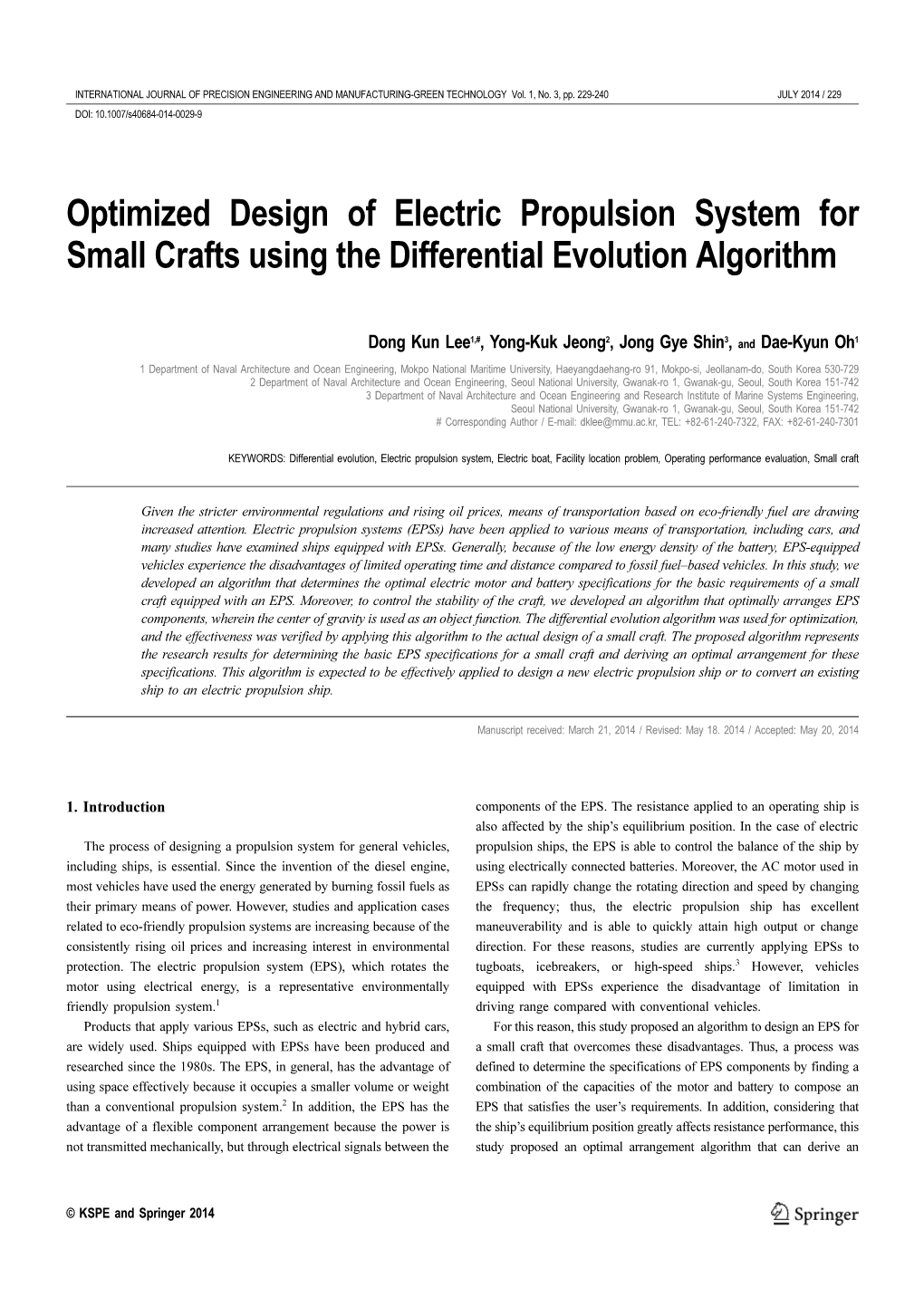 Optimized Design of Electric Propulsion System for Small Crafts Using the Differential Evolution Algorithm