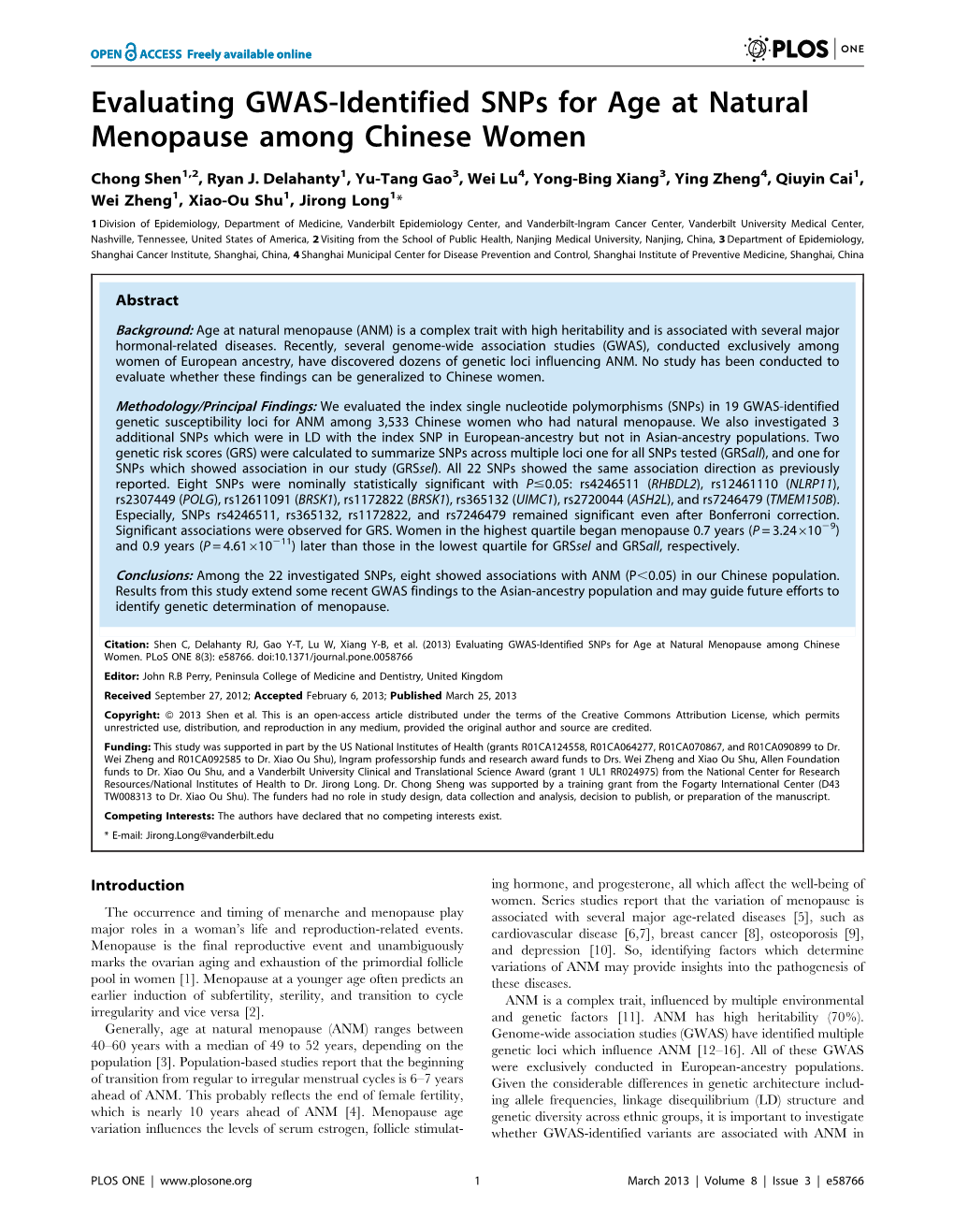 Evaluating GWAS-Identified Snps for Age at Natural Menopause Among Chinese Women