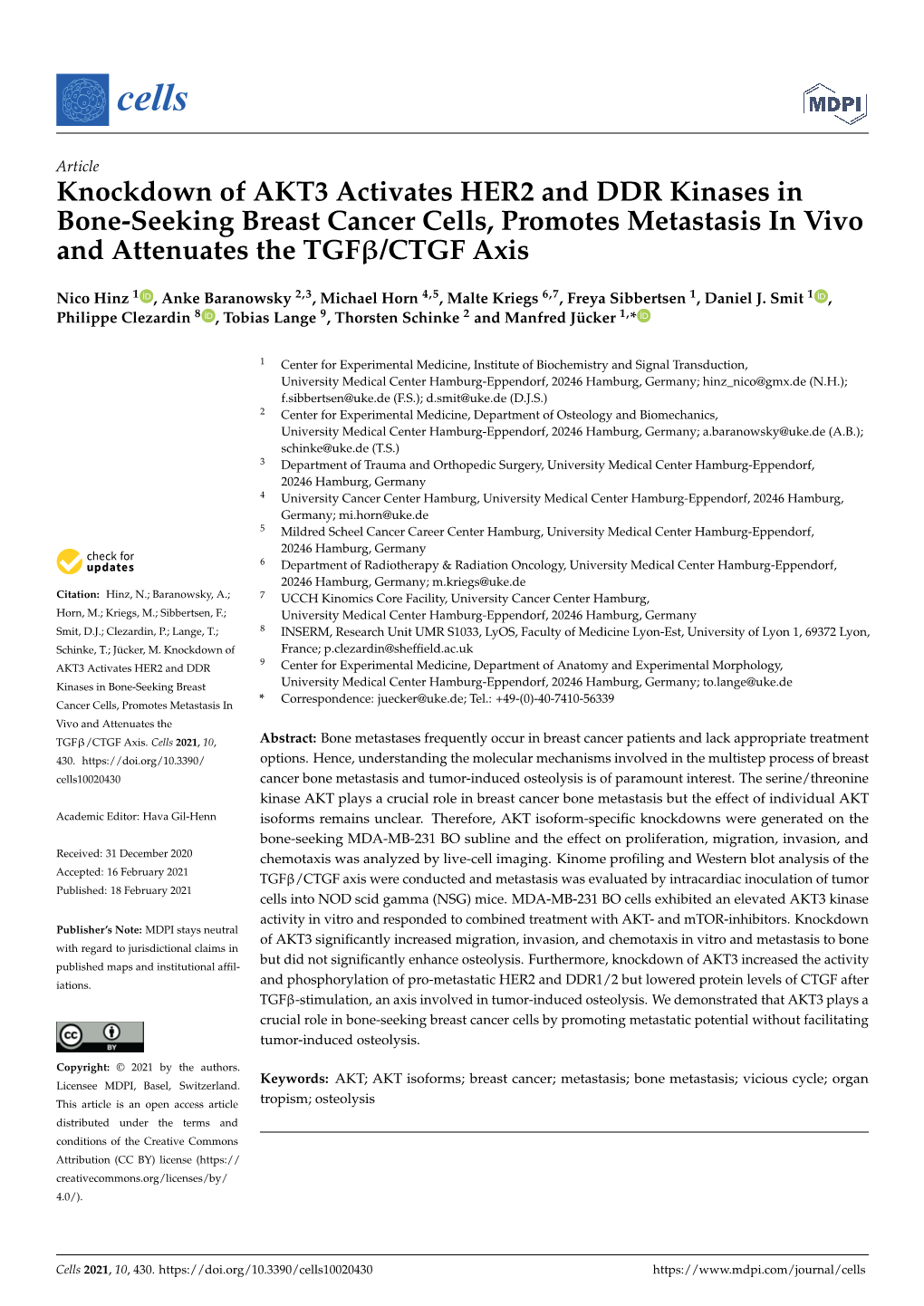 Knockdown of AKT3 Activates HER2 and DDR Kinases in Bone-Seeking Breast Cancer Cells, Promotes Metastasis in Vivo and Attenuates the Tgfβ/CTGF Axis