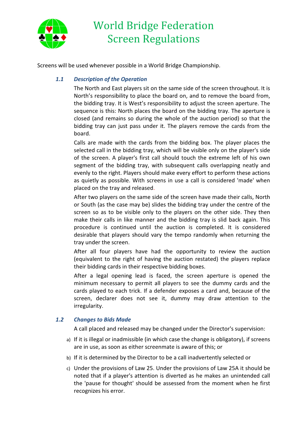 World Bridge Federation Screen Regulations