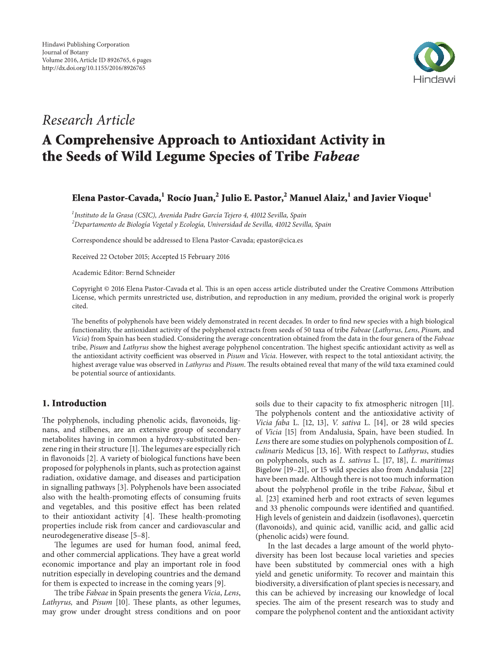 Research Article a Comprehensive Approach to Antioxidant Activity in the Seeds of Wild Legume Species of Tribe Fabeae