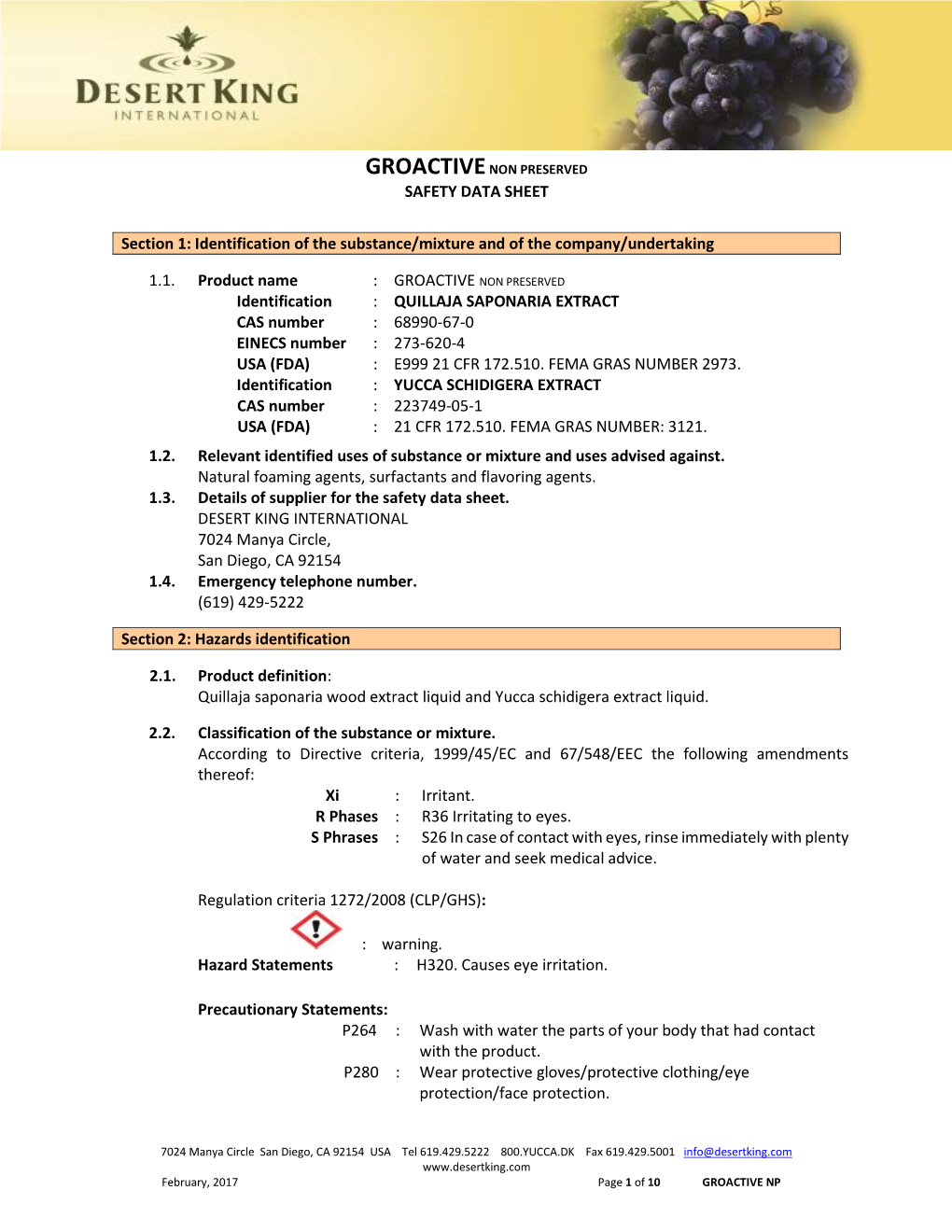 SAFETY DATA SHEET Section 1: Identification of the Substance