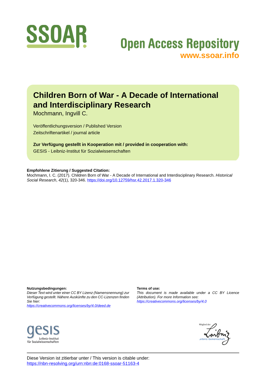 Children Born of War - a Decade of International and Interdisciplinary Research Mochmann, Ingvill C