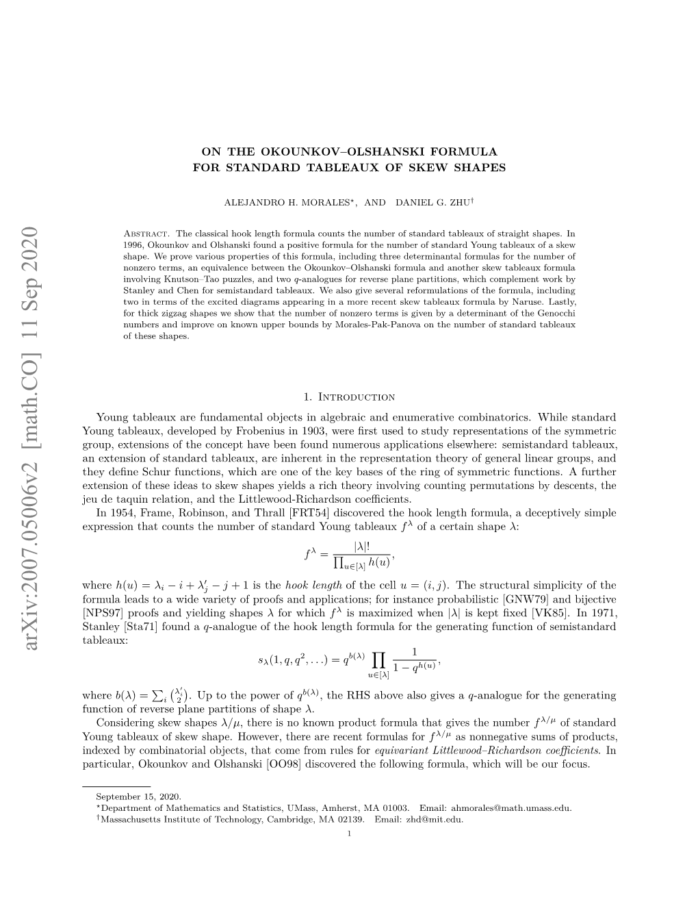 Arxiv:2007.05006V2 [Math.CO] 11 Sep 2020 Y 1 S (1, Q, Q2,...) = Qb(Λ) , Λ 1 − Qh(U) U∈[Λ]