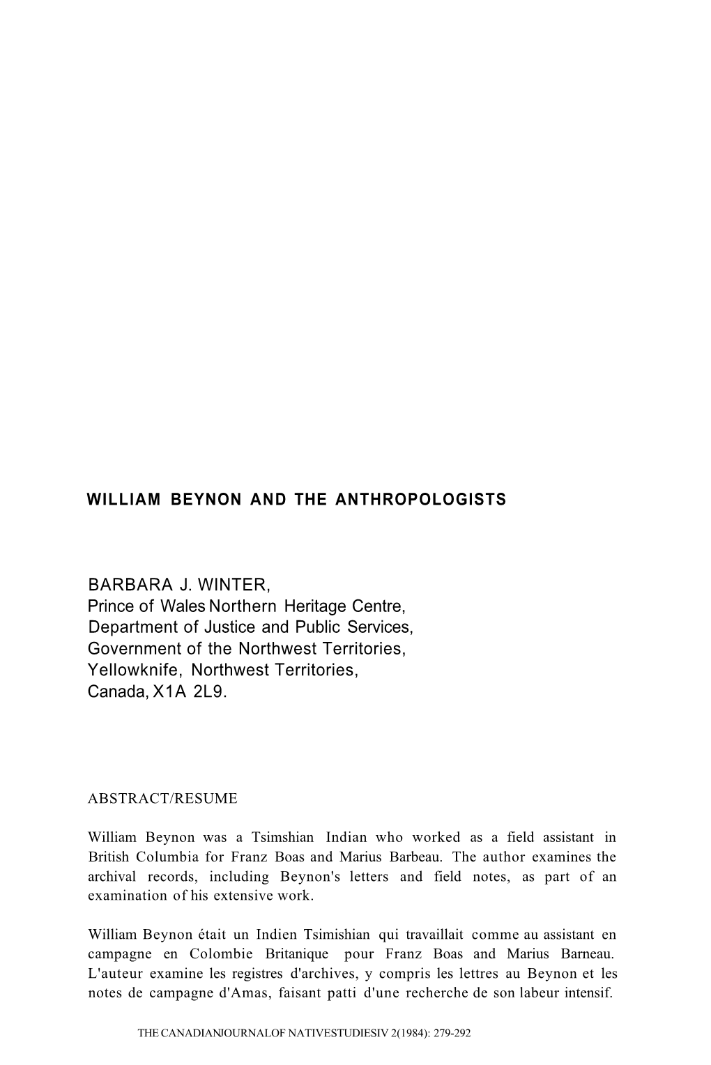 William Beynon and the Anthropologists