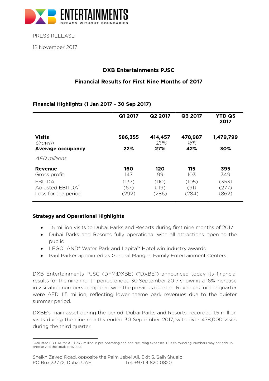 Q3 2017 Financial Results Press Release