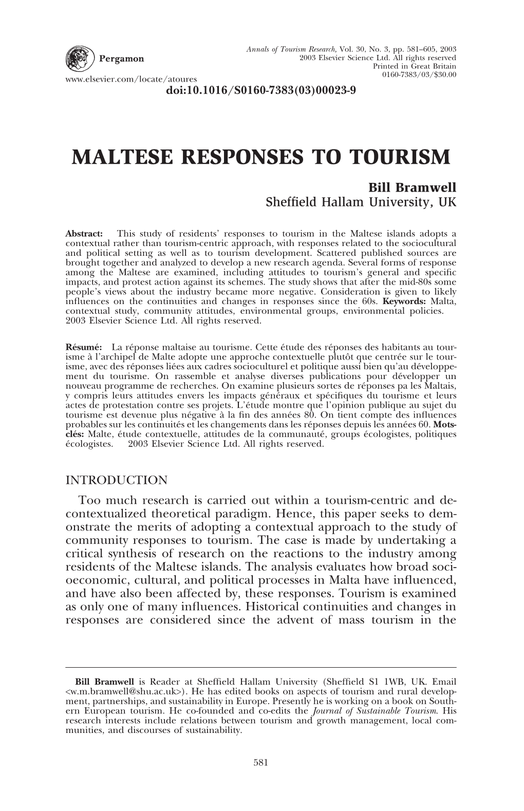 MALTESE RESPONSES to TOURISM Bill Bramwell Shefﬁeld Hallam University, UK