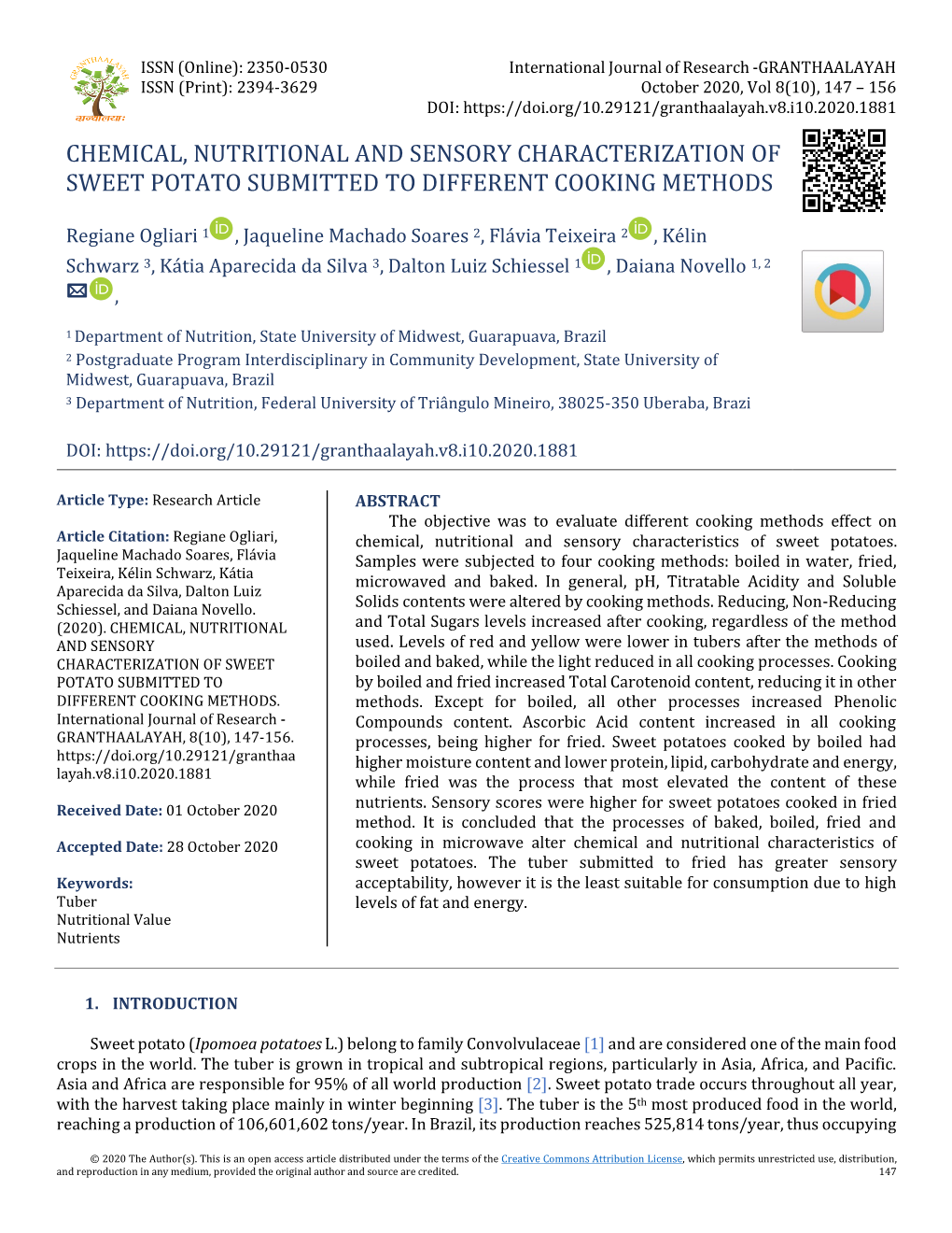 Chemical, Nutritional and Sensory Characterization of Sweet Potato Submitted to Different Cooking Methods