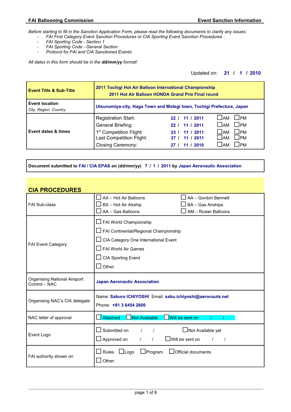 FAI First Category Event Sanction Procedures Or CIA Sporting Event Sanction Procedures